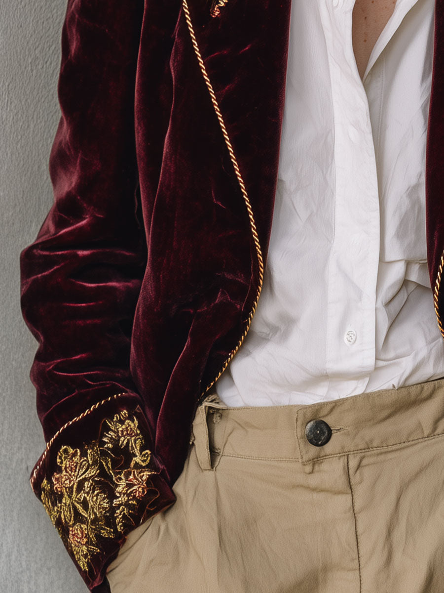 Elegant Gold Velvet Embroidery Blazer