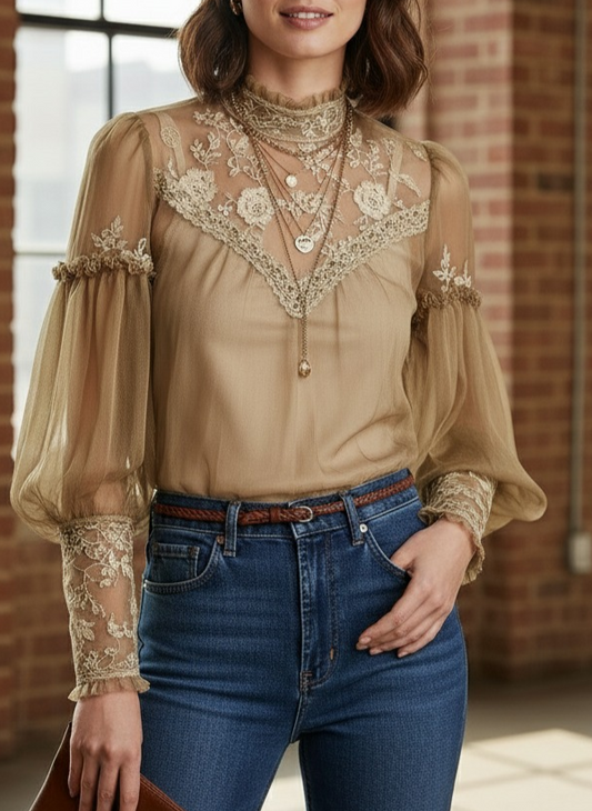 Sheer Lace-Trim Embroidered Puff Sleeves Blouse