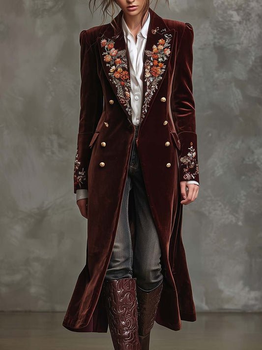 Wine Velvet Embroidered Long Coat With Gold Buttons