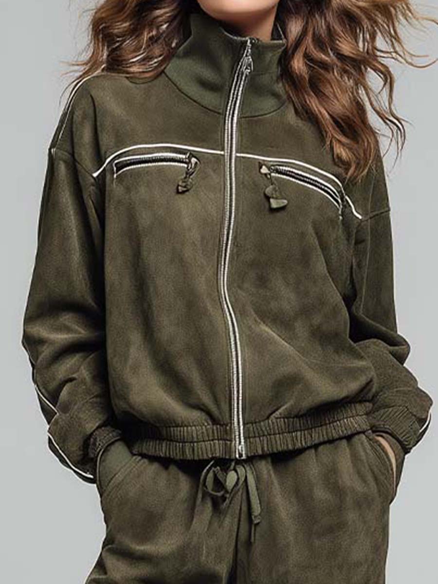Olive Green Microsuede Zip-Up Tracksuit