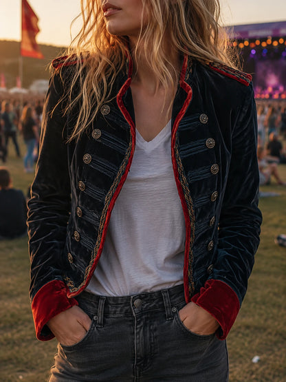Retro Chic Velvet Military Style Double-Breasted Jacket