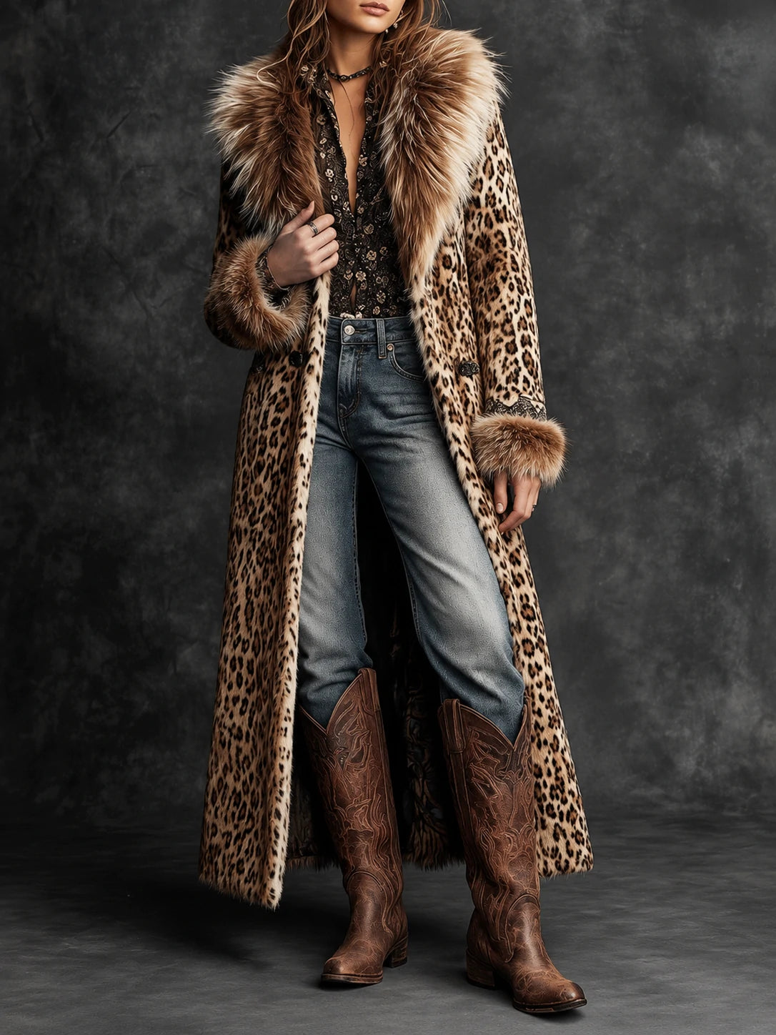 Vintage Boho Leopard  Faux Fur Longline Coat