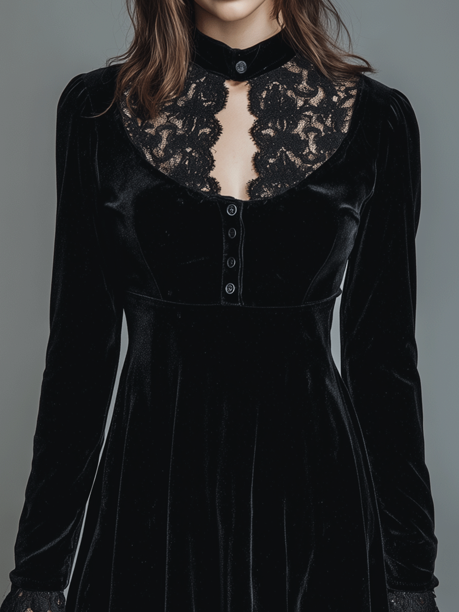 Vintage Black Velvet Lace Collar Mini Dress