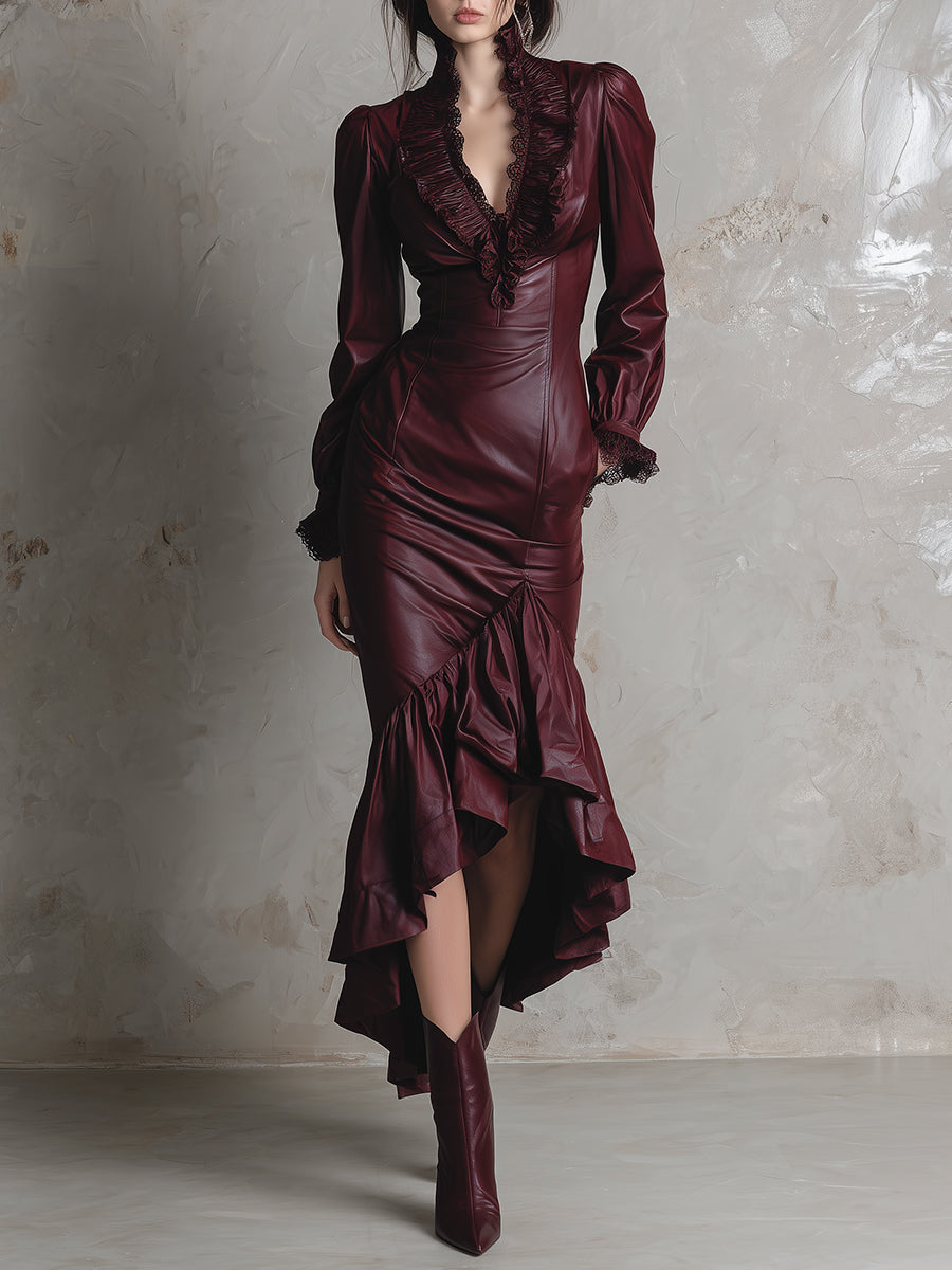 Chic Lace Ruffle High-low Fishtail Hem Eco-friendly Pu Midi Dress