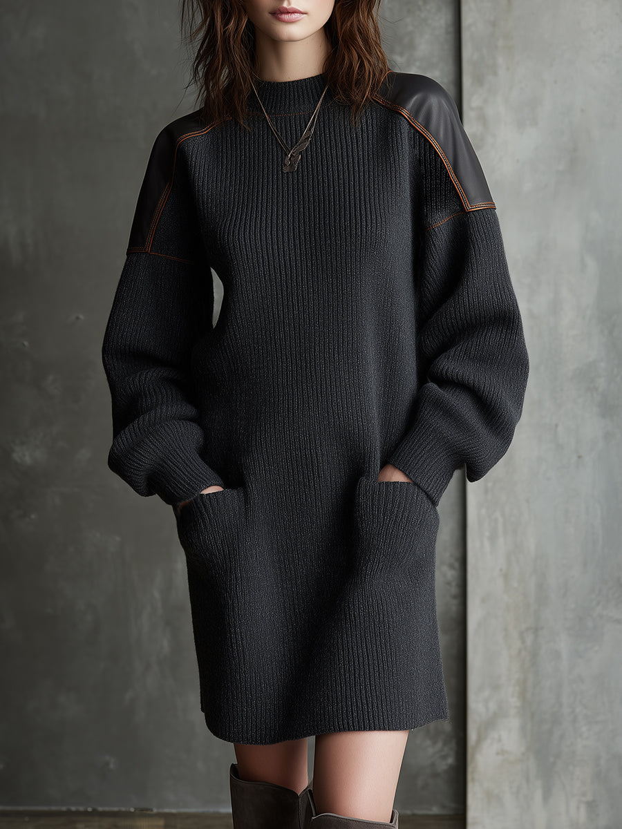 Eclipse Rider Knit Mini Dress With Leather Shoulder Panels