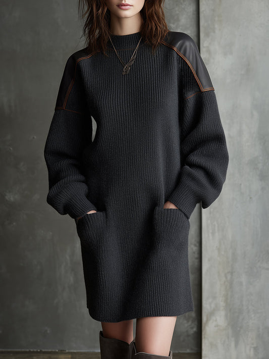 Eclipse Rider Knit Mini Dress With Leather Shoulder Panels