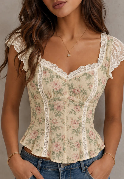 Ivory Lace-Trim Corset Peplum Top