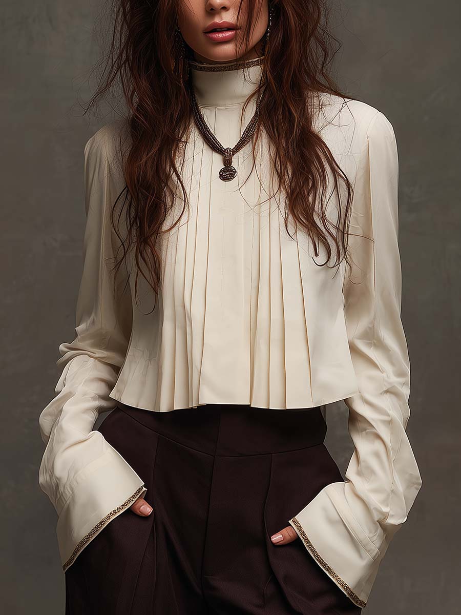 Pleated Front Blouse With Ribbon-Trimmed Collar And Cuffs