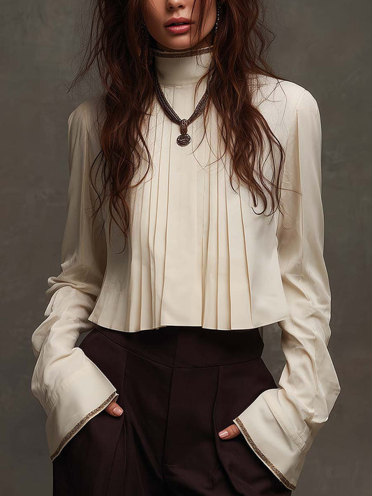 Pleated Front Blouse With Ribbon-Trimmed Collar And Cuffs