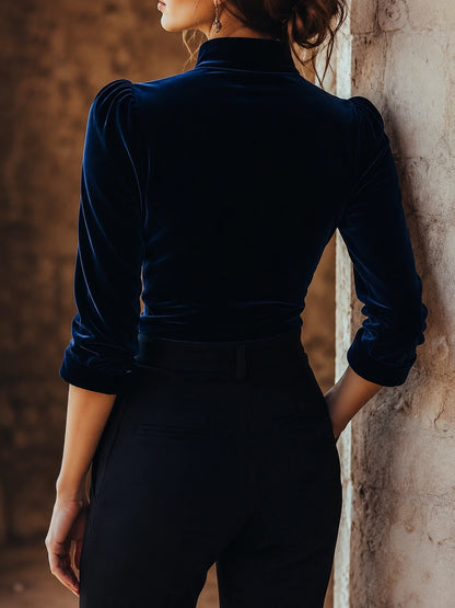 Elegant Stand Collar Embroidery Velvet Long Sleeves Top