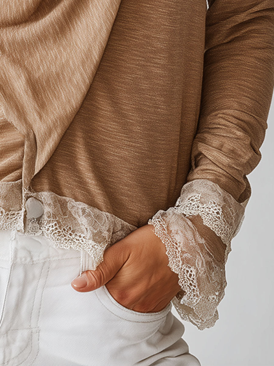 Stylish Draped Collar Lace Patchwork Ruffled Sleeves T-shirt