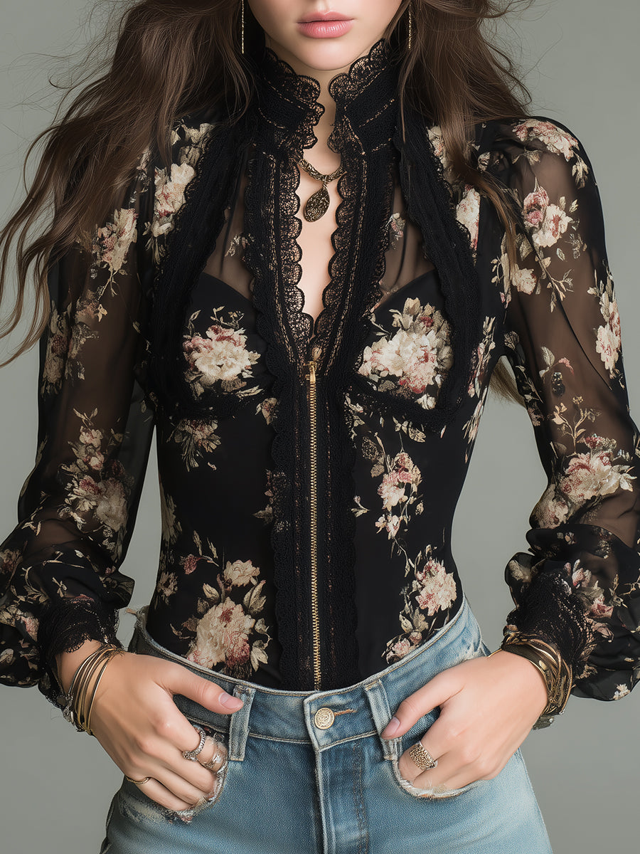 Vintage Printed Chiffon Blouse With Front Zipper And Lace Trim