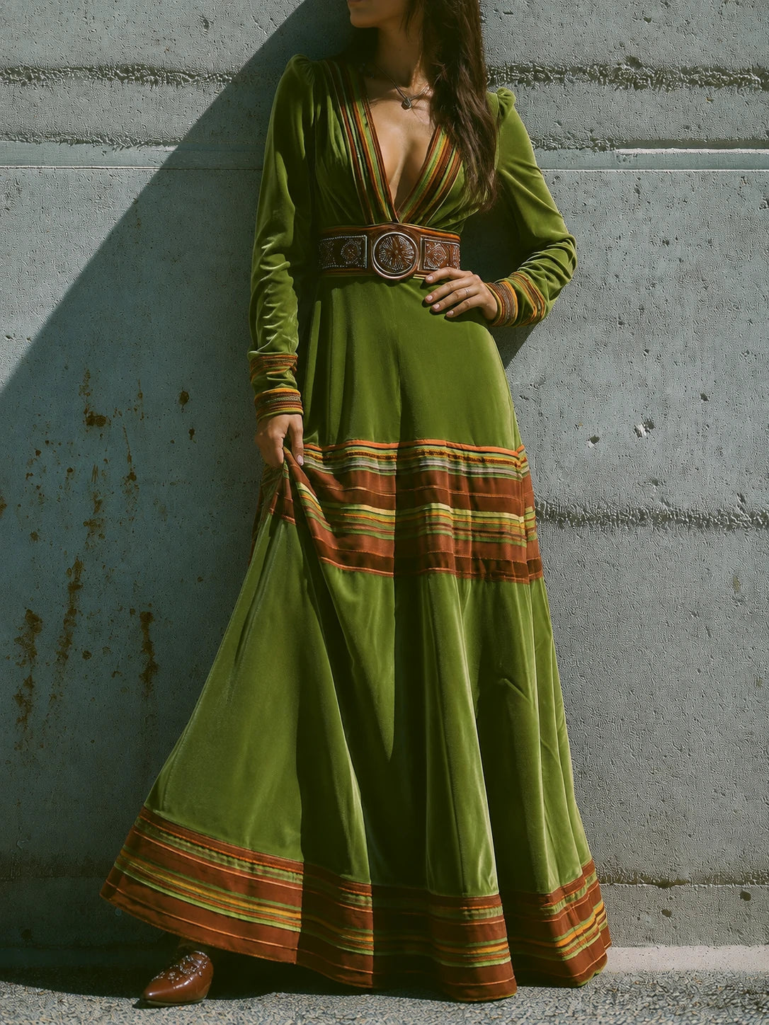 Boho Olive Green Velvet Striped Hem Maxi Dress
