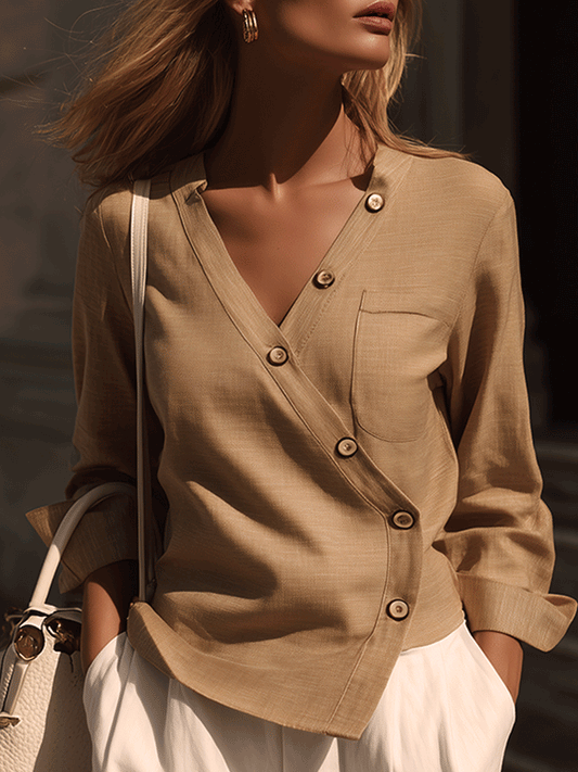 Urban Beige Minimalist Cross Asymmetric Button Shirt