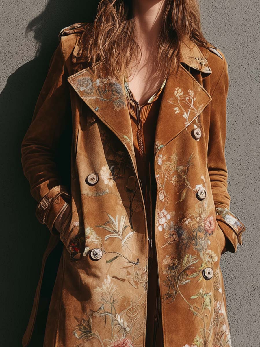 Printed Microfiber Suede Maxi Trench Coat