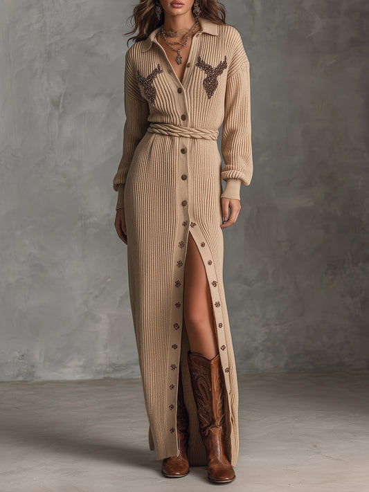 Bohemian Romance Caramel Reindeer Maxi Knit Dress