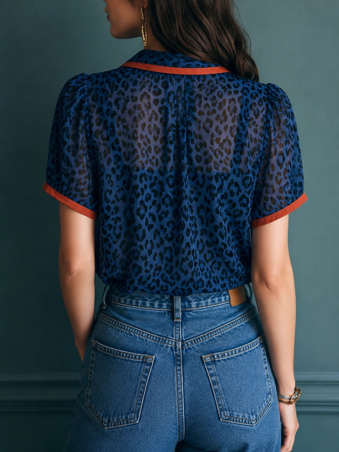 Blue Leopard Print Contrast Red Trim Lapel Sheer Chiffon Short Sleeve Blouse