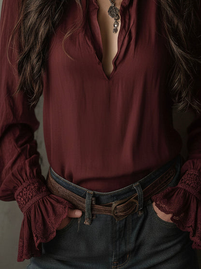 Boho V-Neck Deep Wine Red Blouse With Lace Cuffs