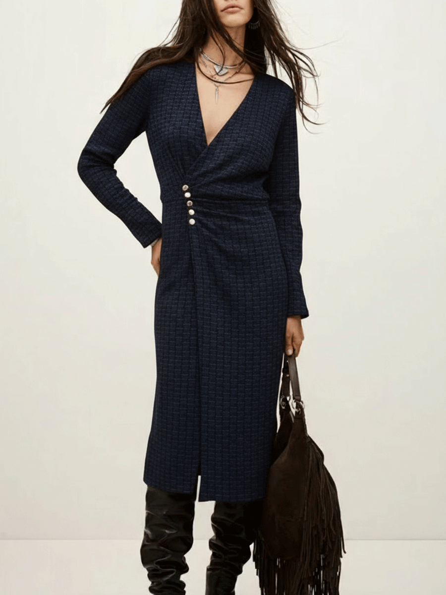 Chic Dark Blue Textured Side Buttons Midi Dress