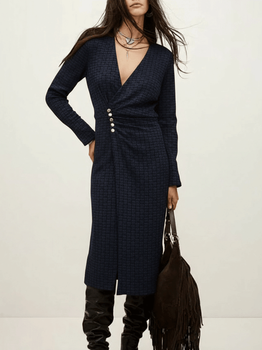 Chic Dark Blue Textured Side Buttons Midi Dress
