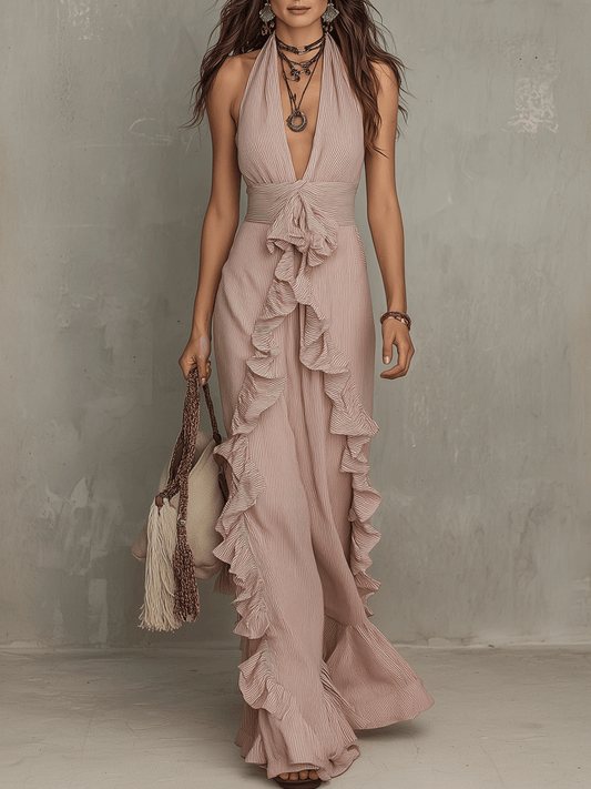 Quiet Romance Ruffle Bare Rose Halter Flow Maxi Dress