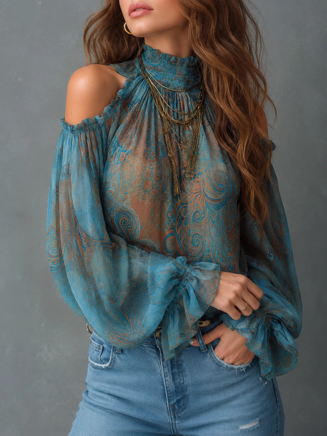 Vintage Cold Shoulder Paisley Blouse