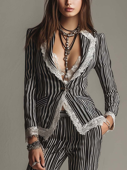 Vintage-style Lace Trim Striped Blazer