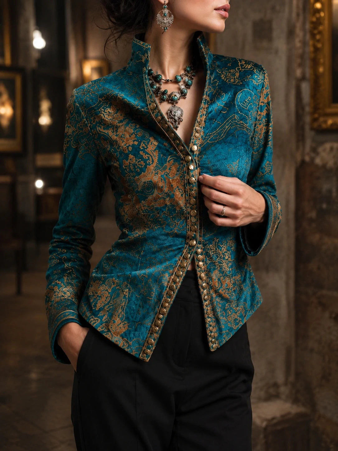 Boho Chic Vintage Peacock Blue Velvet Golden Print Fit Blouse