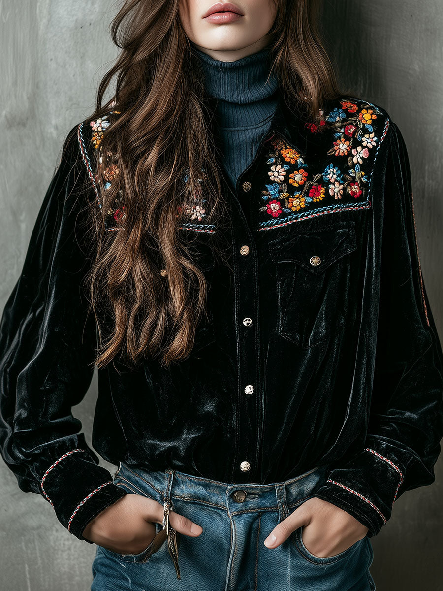 Boho Velvet Embroidered Button-Up Pockets Shirt