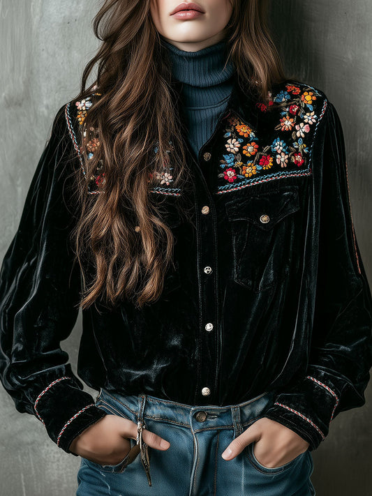 Boho Velvet Embroidered Button-Up Pockets Shirt