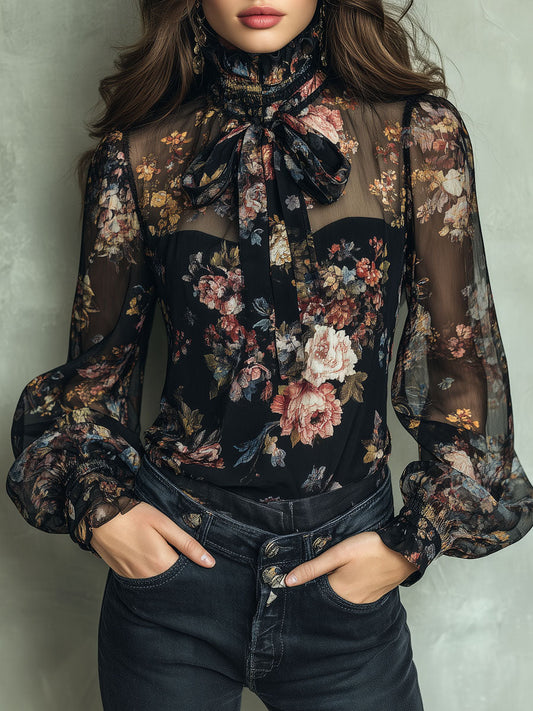Retro Boho High Neck Bow Tie Black Floral Sheer Chiffon Blouse