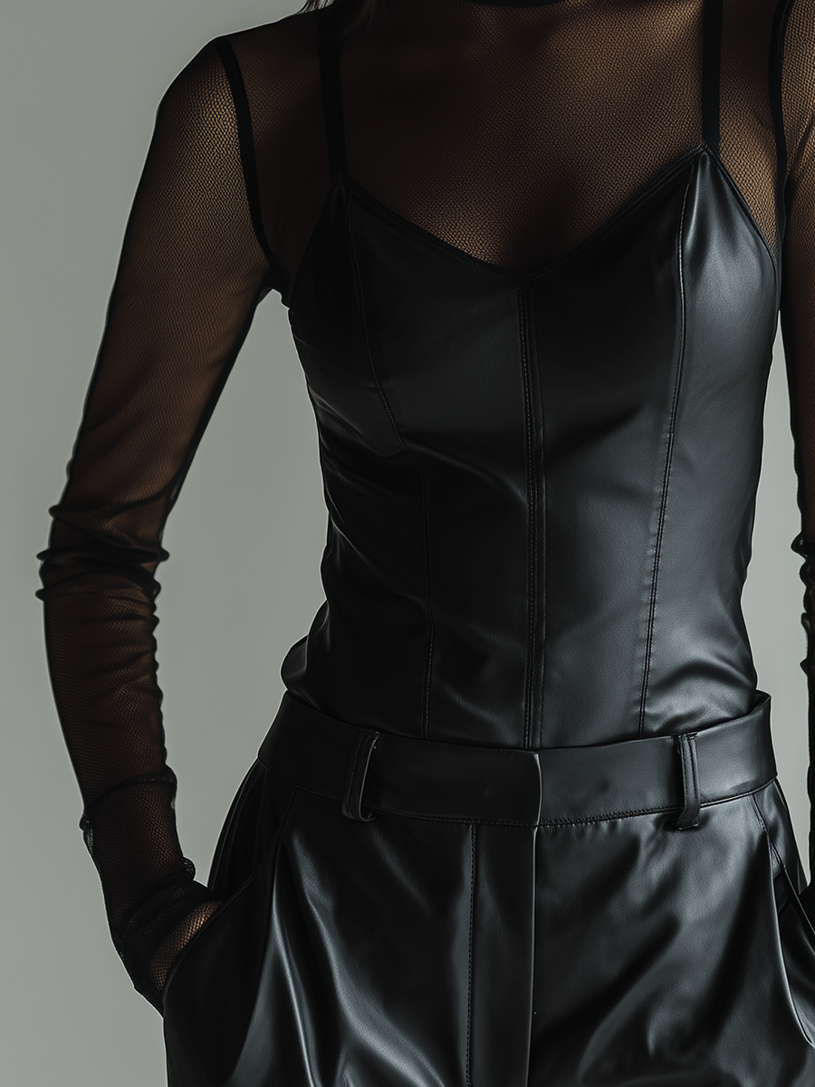 Fashion Black Sheer Mesh Layered Faux Leather Top