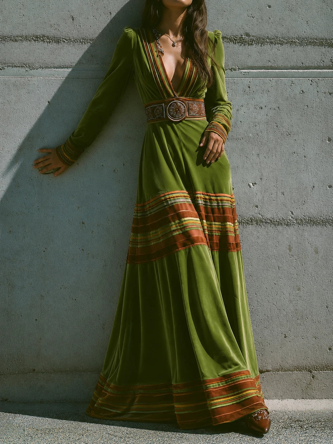 Boho Olive Green Velvet Striped Hem Maxi Dress