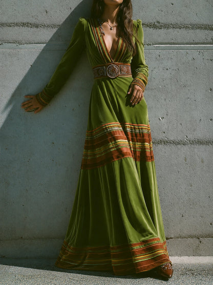 Boho Olive Green Velvet Striped Hem Maxi Dress