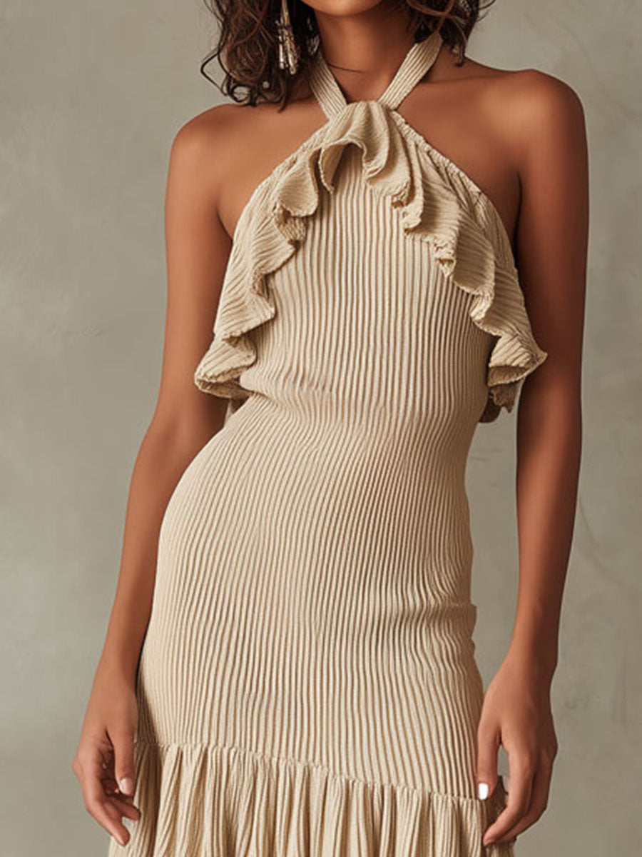 Elegant Soft Beige Ribbed Knit Pleated Ruffle Halter Midi Dress