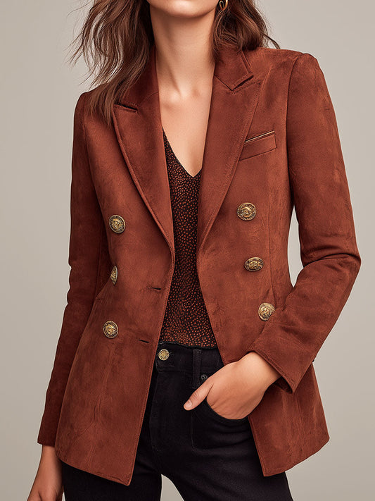 Vintage Double-Breasted Suede Blazer With Gold Buttons