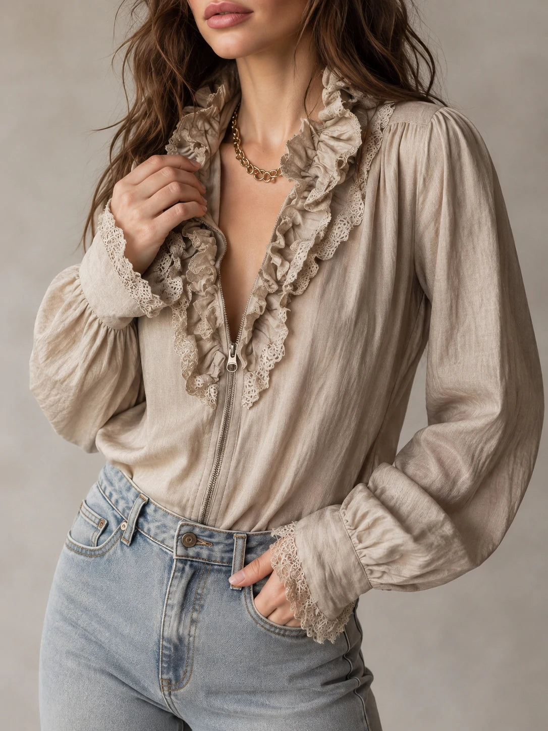 Vintage Ruffled Lace Trim Zip Blouse