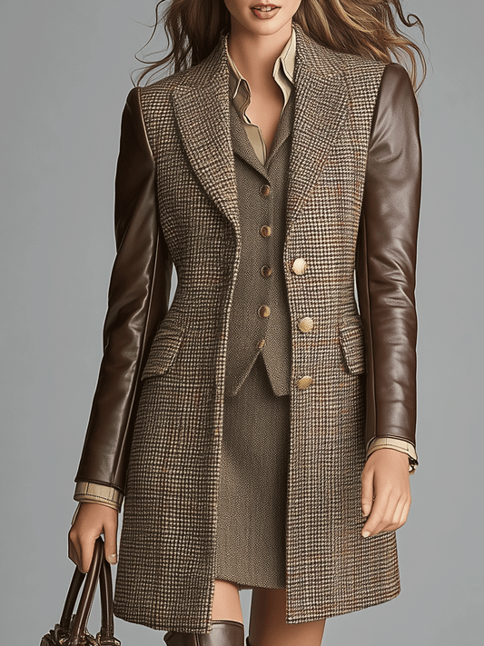Classic Tweed And Leather Contrast Coat
