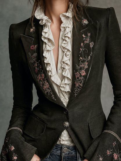 Dark Olive Floral Embroidered Tailored Blazer