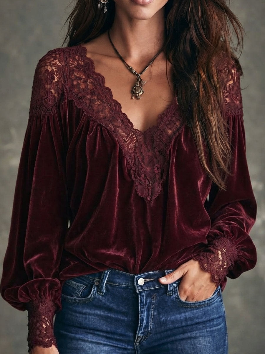 Boho Deep V Lace Trim Burgundy Velvet Blouse