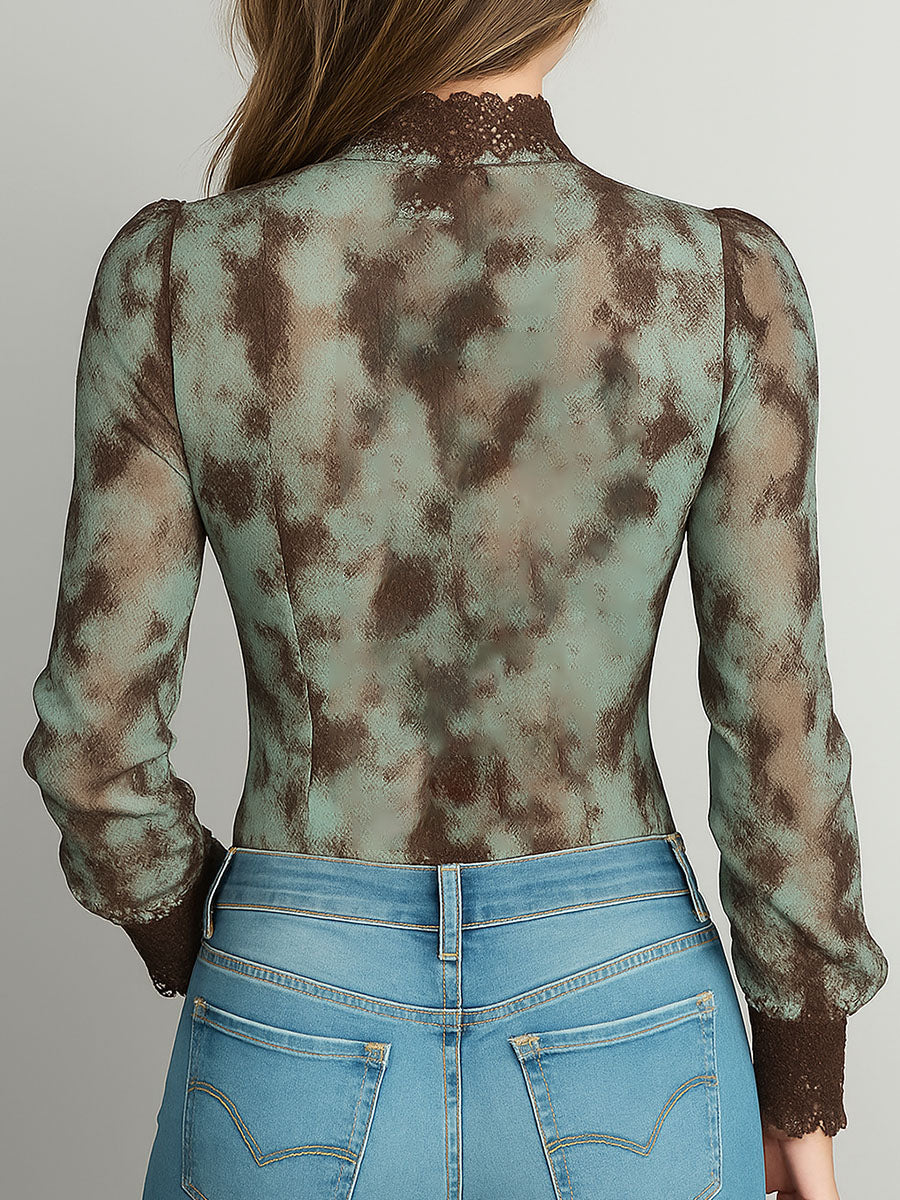 Vintage Mint Green And Brown Lace Patchwork Sheer Shirt