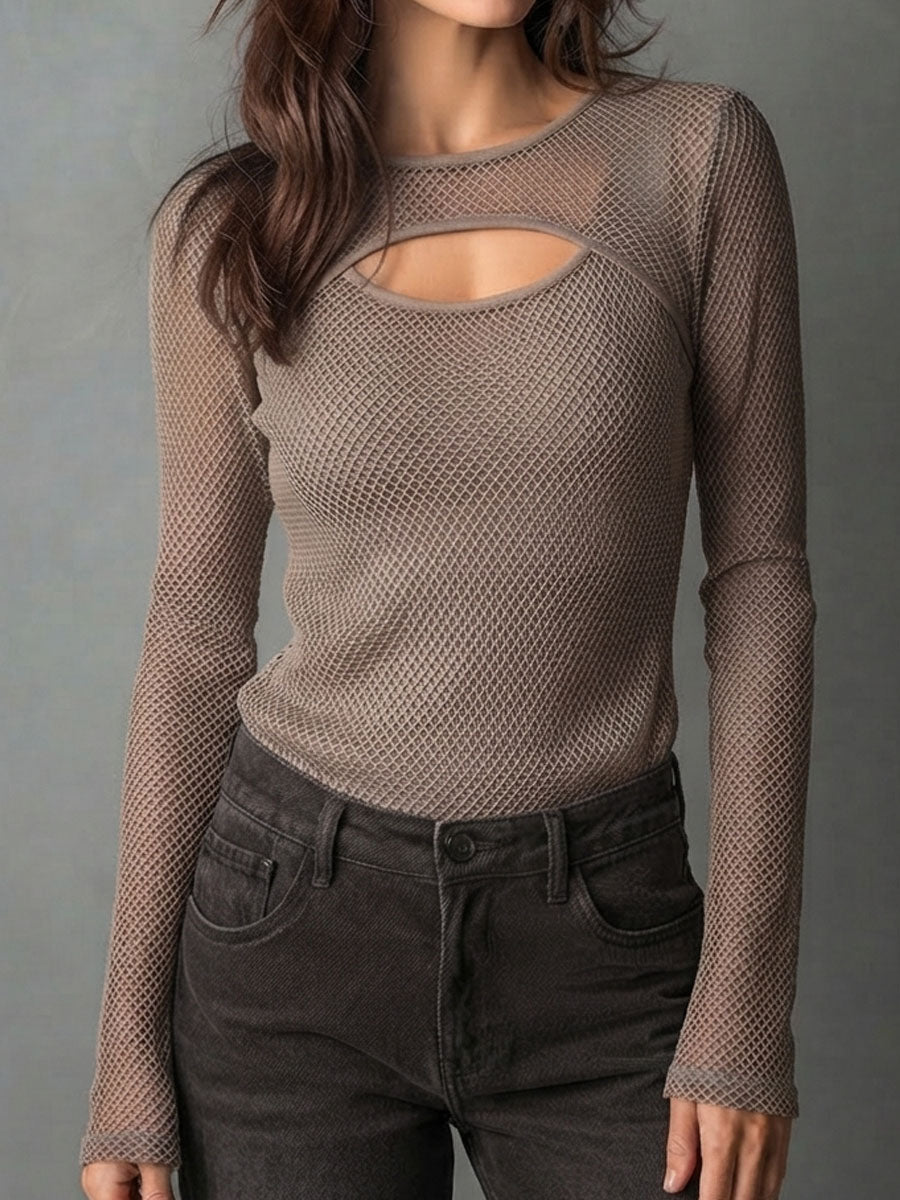 Taupe Mesh Cutout Crew Neck Long Sleeve Top