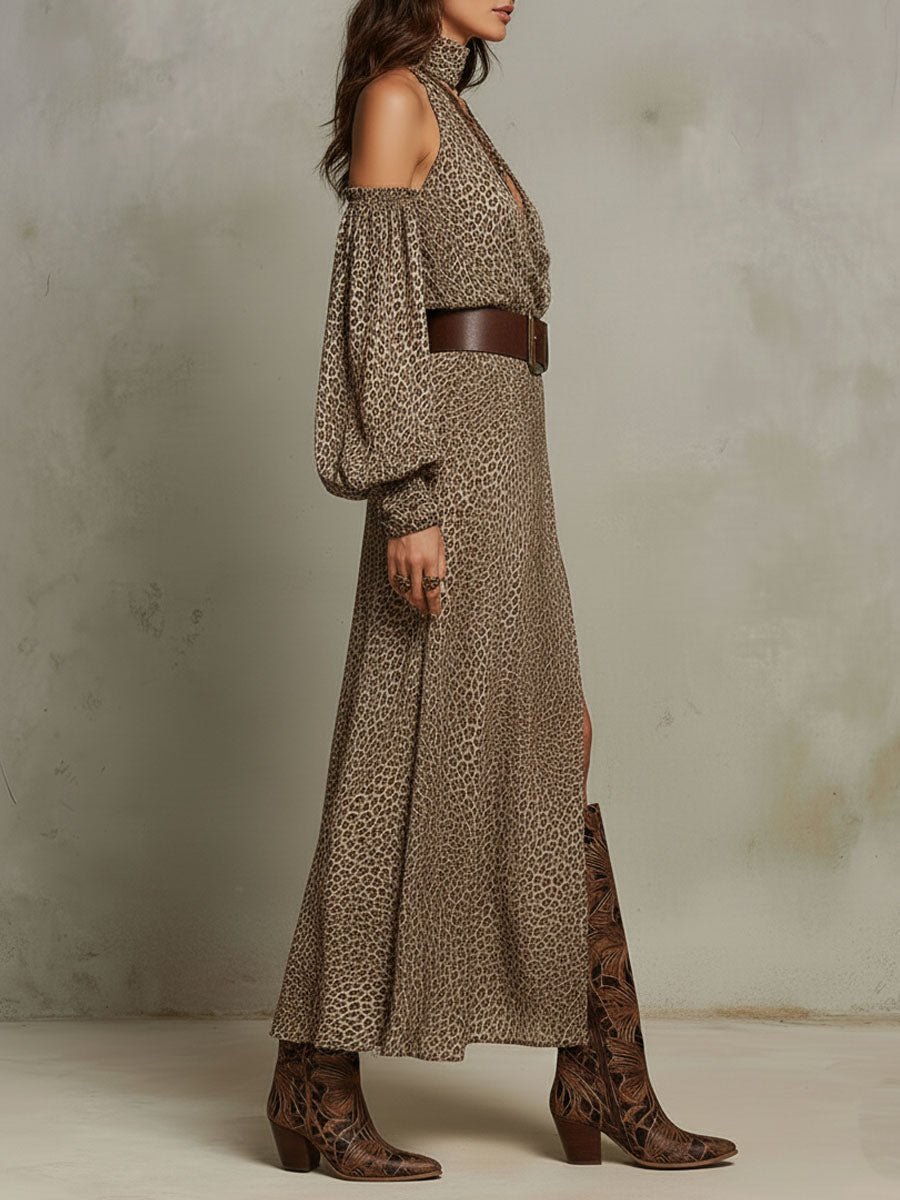 Boho Chic Leopard Pattern Off-Shoulder Midi Dress