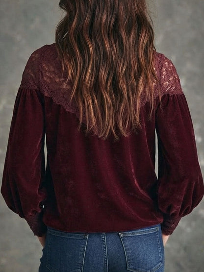 Boho Deep V Lace Trim Burgundy Velvet Blouse