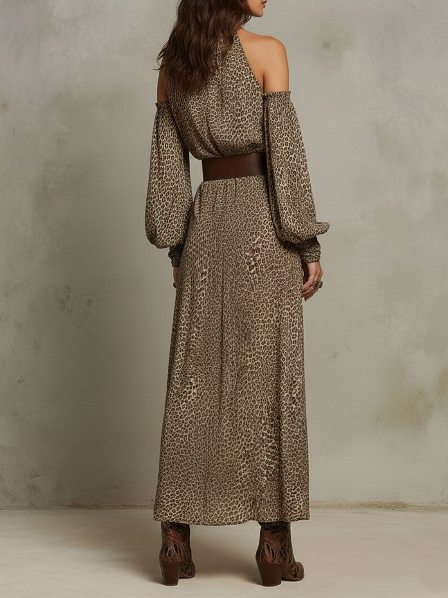 Boho Chic Leopard Pattern Off-Shoulder Midi Dress