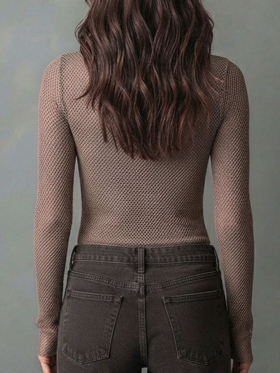 Taupe Mesh Cutout Crew Neck Long Sleeve Top