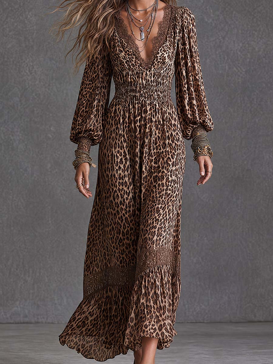 Women's Leopard Print Lace Trim V-Neck Long Sleeve Boho Maxi Dress