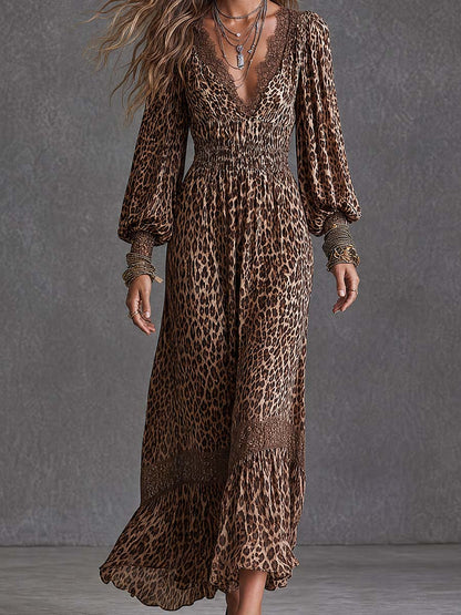 Women's Leopard Print Lace Trim V-Neck Long Sleeve Boho Maxi Dress
