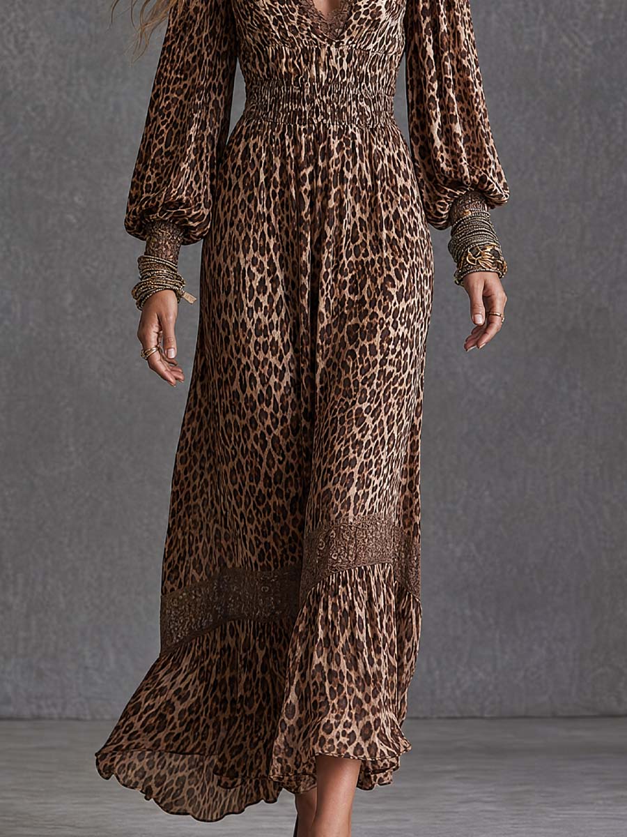 Women's Leopard Print Lace Trim V-Neck Long Sleeve Boho Maxi Dress