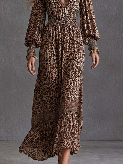 Women's Leopard Print Lace Trim V-Neck Long Sleeve Boho Maxi Dress